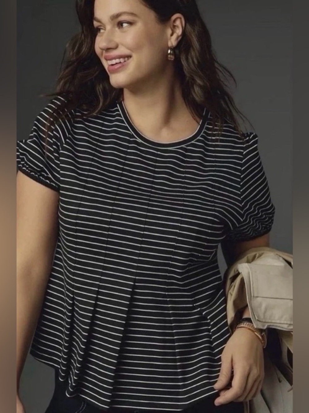Anthropologie Maeve Black & White Striped Corset Peplum Short Sleeve Top size M